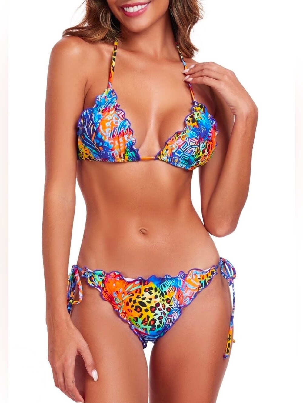 RELLECIGA Women's Halter Triangle Bikini Set Multicolor Tropical leopard Print M